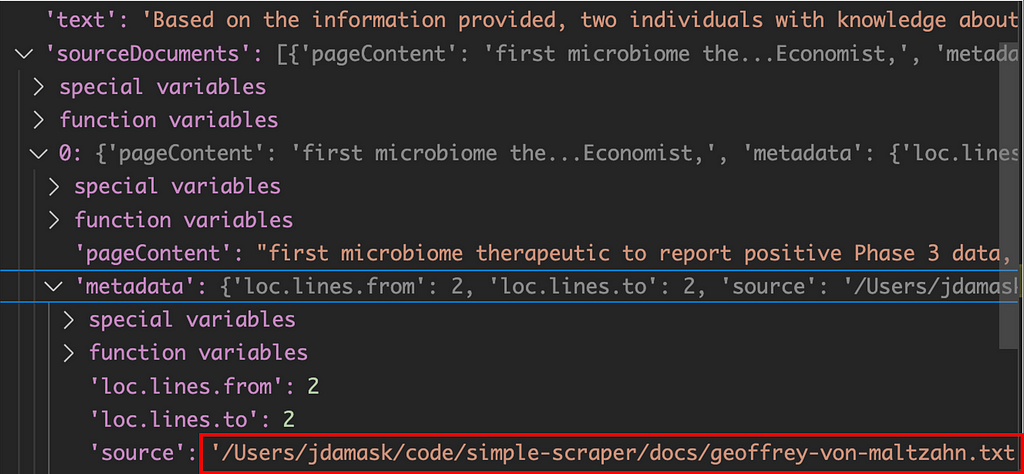 Debugger inspecting the sourceDocuments object returned by my Flowsise people search. The sourceDocuments[0].metadata.source field holds the file path of the source document I loaded into Pinecone