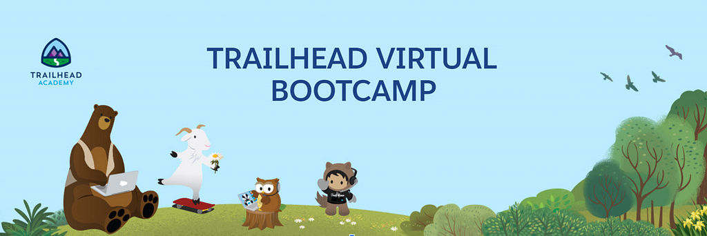 Codey with a laptop, Cloudy, Hootie and Astro with a headset in a meadow with trees under a Trailhead Virtual Bootcamp banner