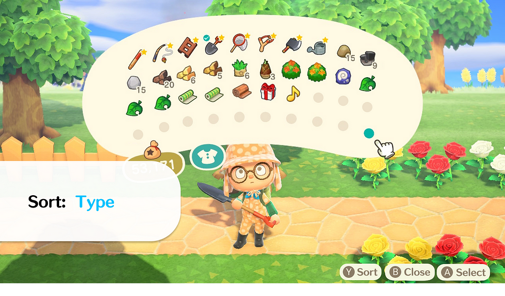 An Animal Crossing personal inventory is shown with a pop up on the left side that says “sort: type”