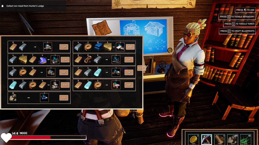 A character in woodworking gear stands inside a wooden building, near a crafting table. A large display showing crafting recipes covers half the image.