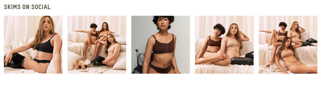 Skims.com imagery showcases women with disabilities wearing the various undergarments.
