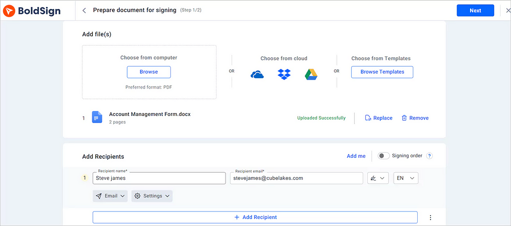 Prepare document for signing page