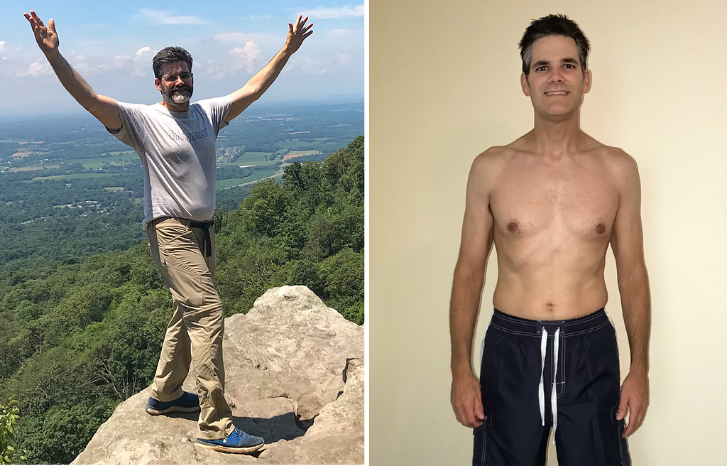 Two photos of the author, one before weight loss and one after.