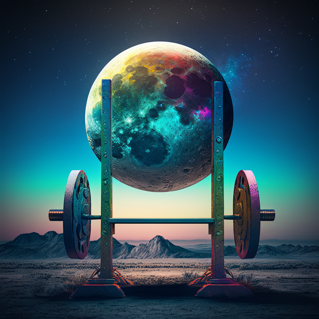 A Midjourney generated image of a squat rack and barbell looking at the moon.