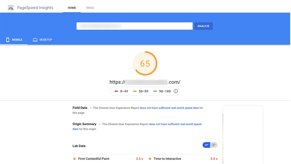 A screenshot from Google PageSpeed Insights showing a score of 65.