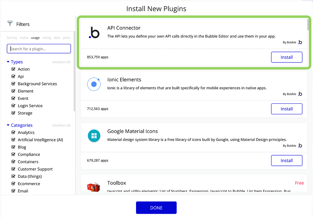 A picture showing where the API connector can be found on your bubble app