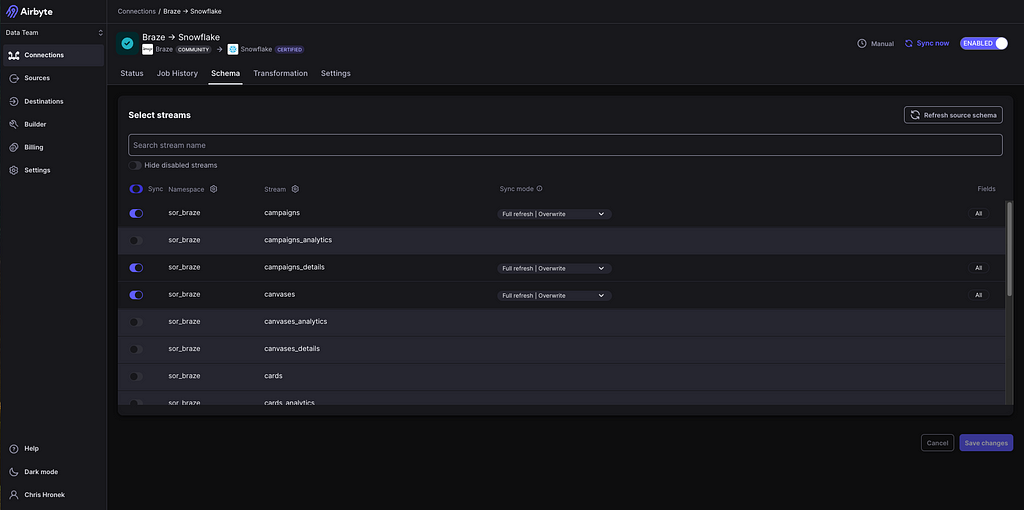 Braze to Snowflake Airbyte Connection