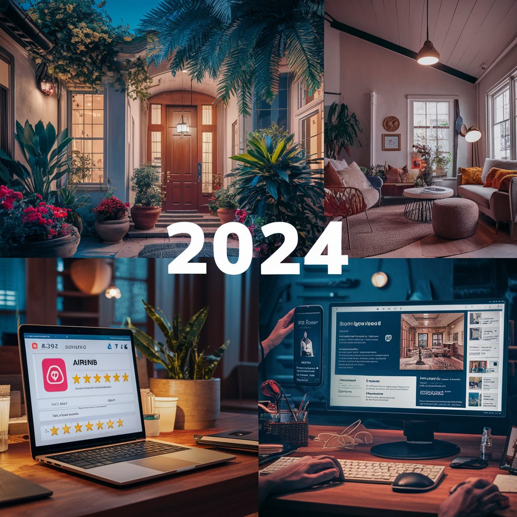 A collage showing an inviting Airbnb property and hosts managing bookings and reviews online in 2024.