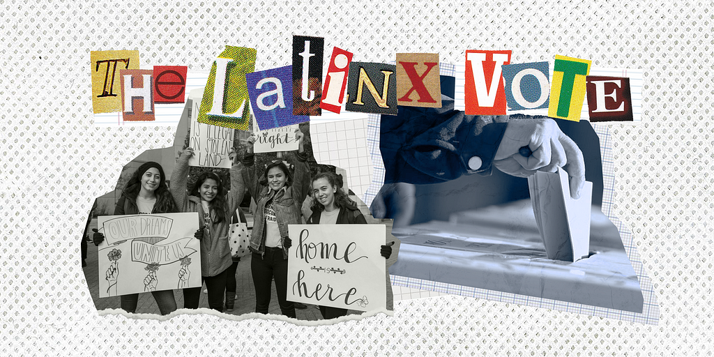 Banner made of newspaper letters, with 2 pictures (students smiling, hand on ballot) on the bottom. Text: The Latinx Vote.