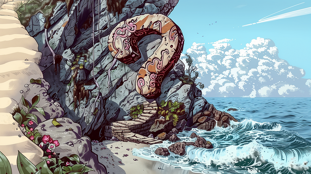 A vibrant illustration of a seaside cliff with a large question mark sculpture embedded in the rocks, waves crashing below, under a cloud-filled sky.