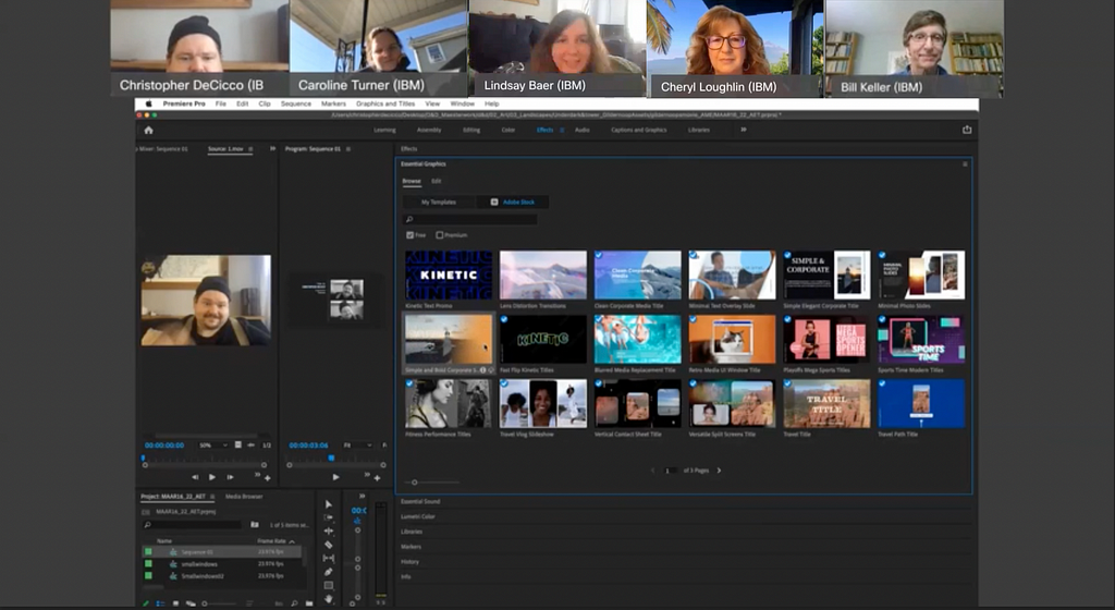 A screenshot from a collaborative learning session. 5 designers use Adobe Premiere Pro to sort through pre-made transition animations. Screenshot sourced from a Webex recording.