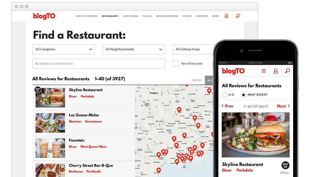 Web UI design highlighting the responsive design of local map content and listing functionality