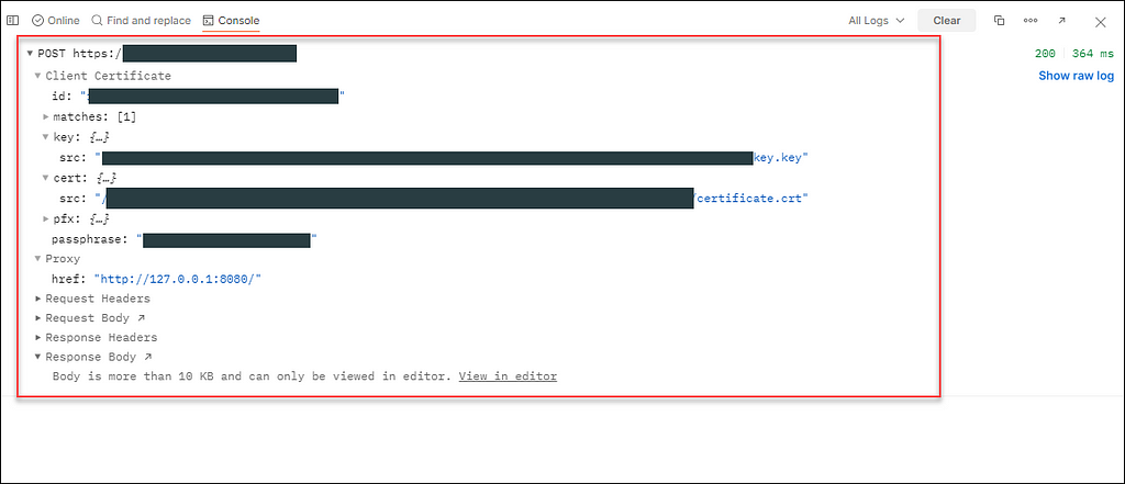 Figure 6 — shows inspecting the client certificate in the Postman console — r3d-buck3t.com