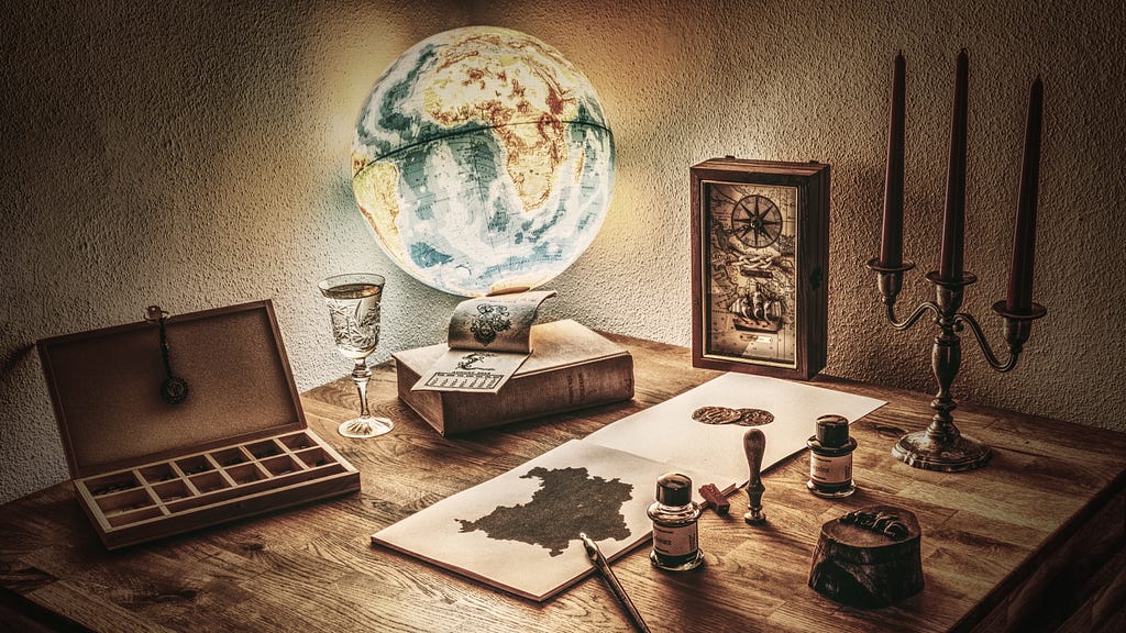 A light-up globe and drawing equipment sit on an explorer’s desk