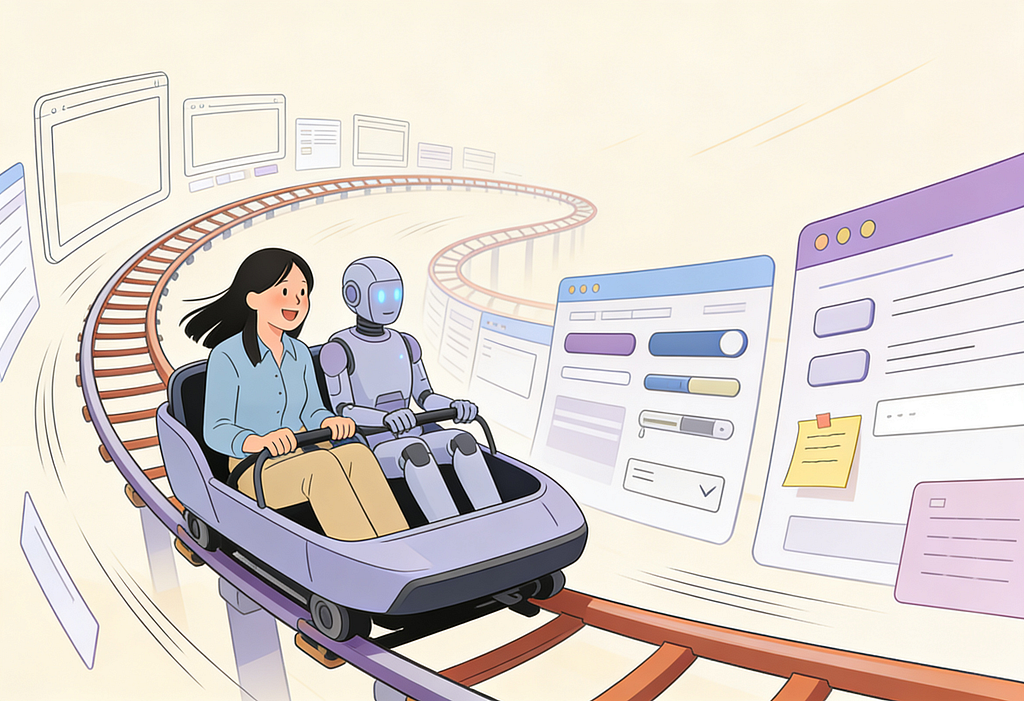 Illustration of a designer with long black hair, in a light blue shirt, riding a roller coaster car beside a humanoid robot. Both look exhilarated as the car races along a winding track that loops through a landscape made of giant user-interface elements — wireframe windows, buttons, toggles, sliders, dropdown menus, and a sticky note — standing in for the hills and scenery. Comic-style speed-lines convey the thrill and velocity of the ride.