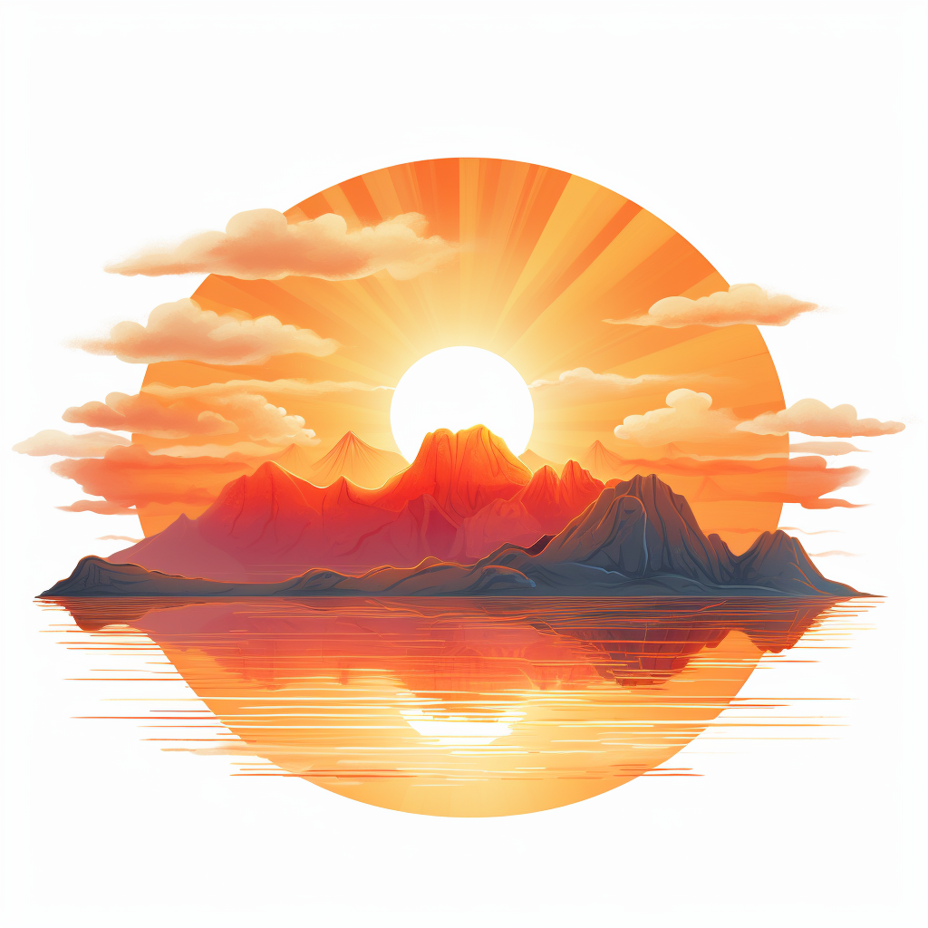 An AI-generated illustration of an orange sunrise behind mountains in the background and a lake in the foreground.