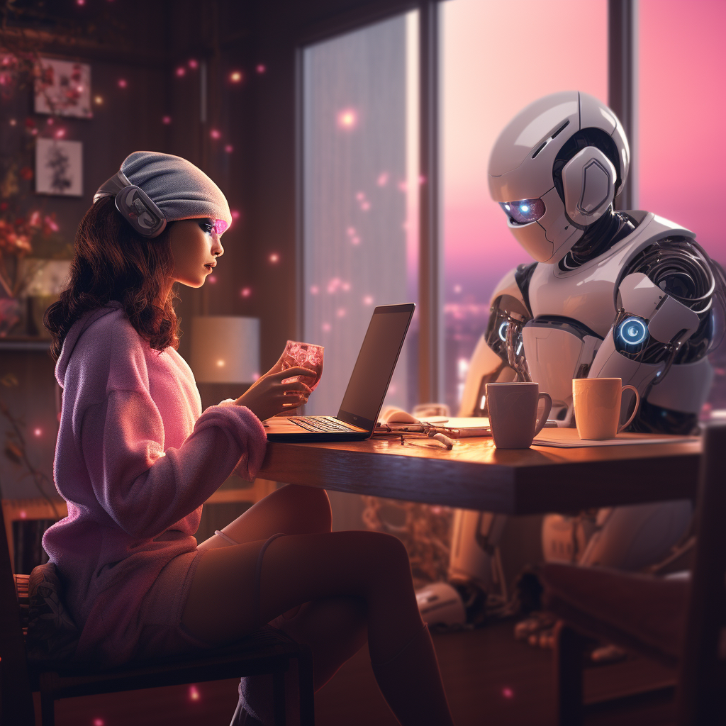 human lady is interacting with the robot, digital image