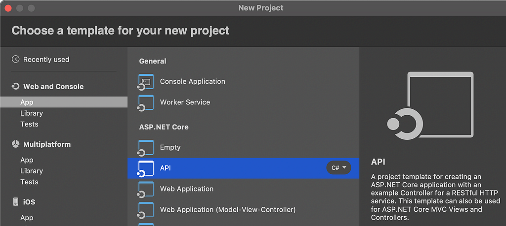 Visual Studio project template selection screen when creating a new application.