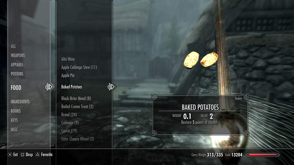 A screen shot from skyrim is shown with a list of food items. Baked potatoes are shown on the right.