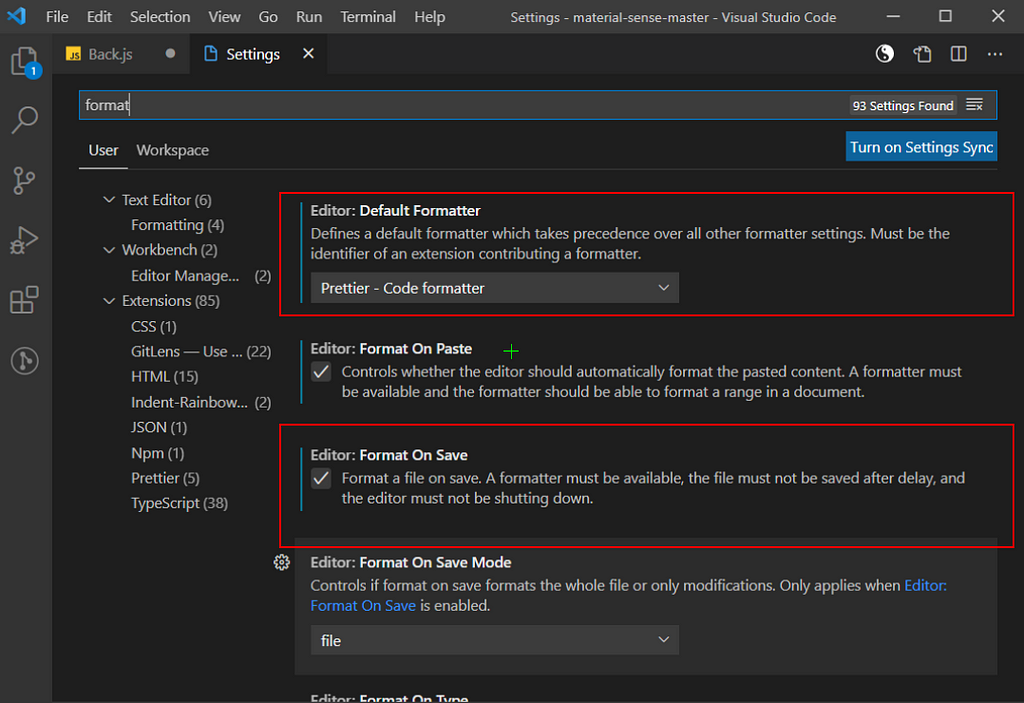 Prettier VS Code settings required to see it work when you hit save