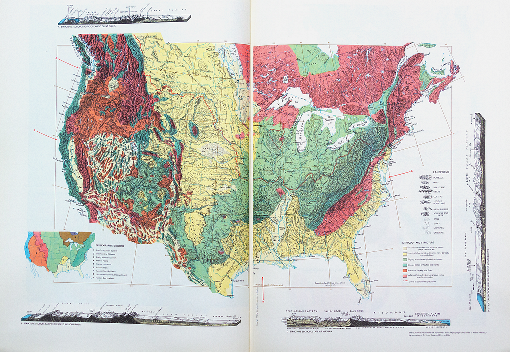 2 page spread of California physiographic map