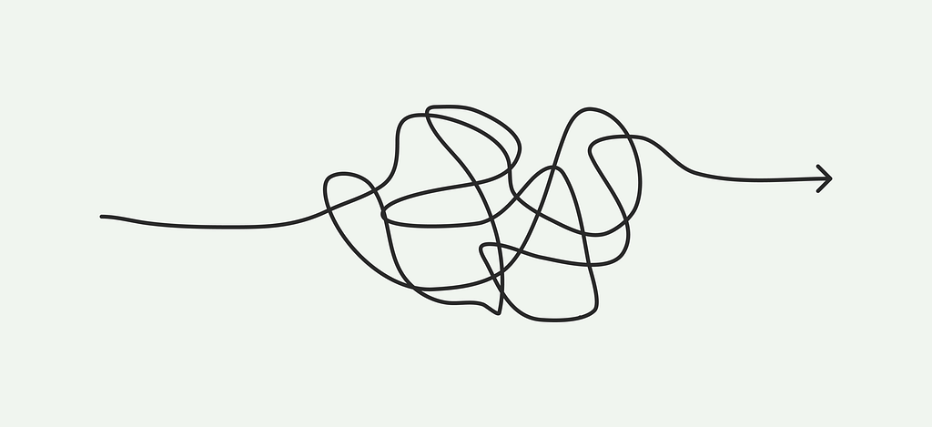 An arrow that starts straight, scribbles all over, then eventually moves forward.