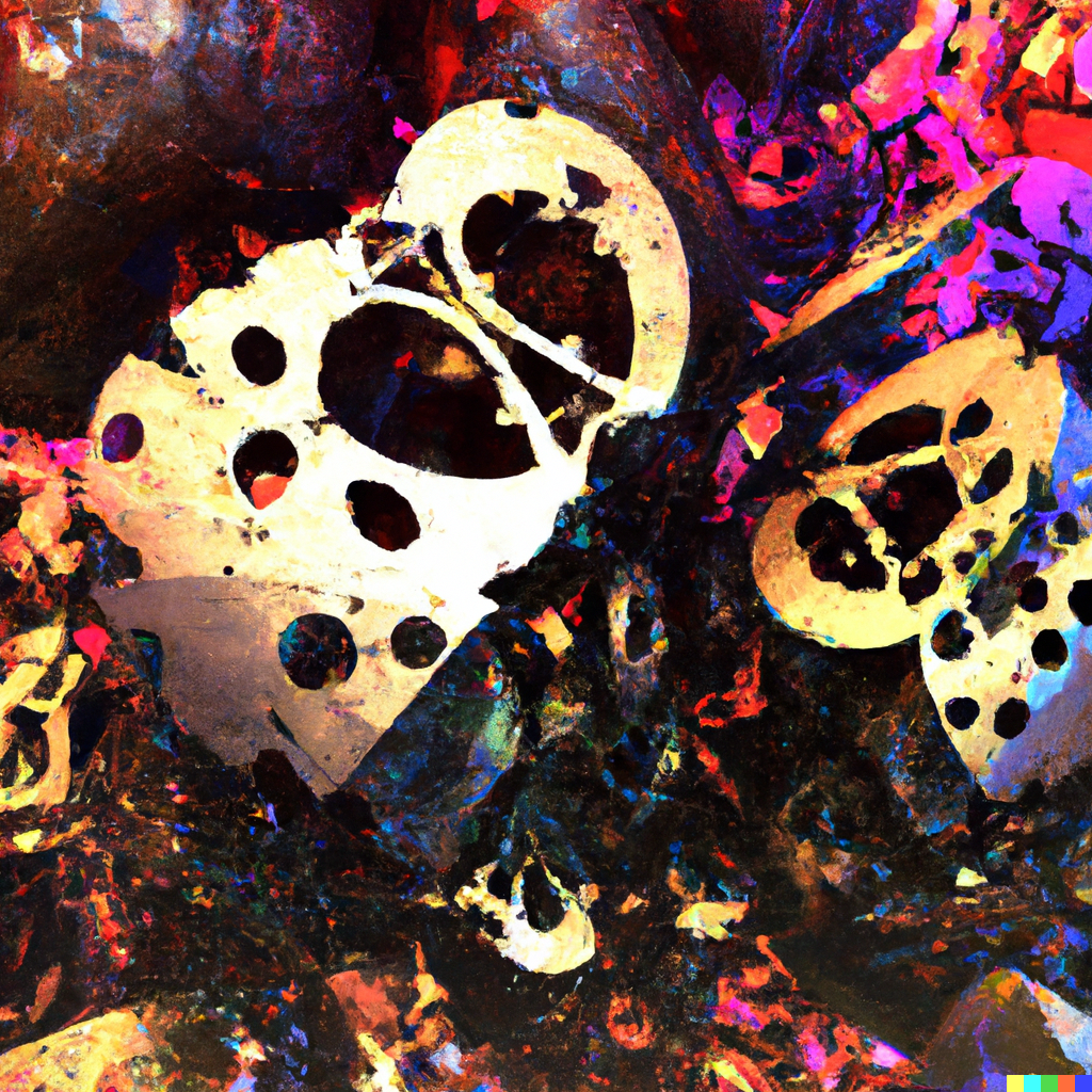 An abstract, partly dark, partly colorful artwork showing irregular shapes and what may be blots of paint.