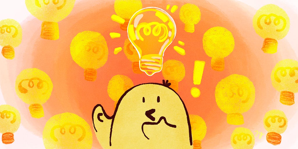 A bird character that has a lightbulb above its head, surrounded by lots of other lightbulbs.