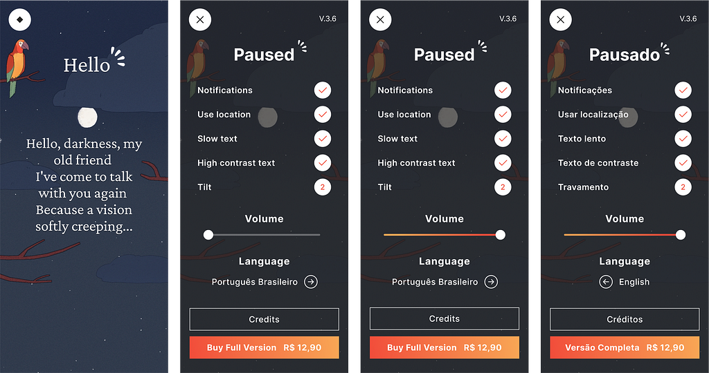 The Bird Alone menu proposal contains setup options like sound, language, credits, and a buy button.