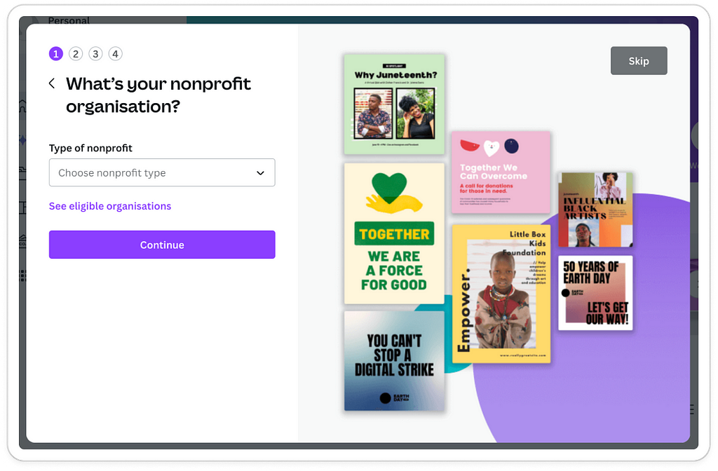 Screenshot of personalised screen for charities in Canva onboarding