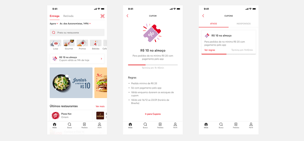 São três telas do aplicativo do iFood, onde aparece o cupom de desconto com tempo determinado em contagem regressiva para acabar a promoção