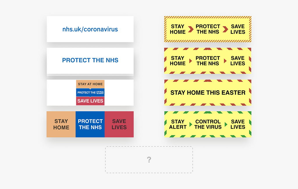 All 8 placards with a 9th graphic showing a box with a dashed outline and a question mark in the centre.