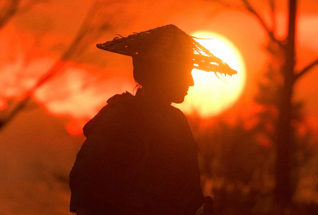 A silhouette of a samurai from side profile. He is wearing a conical straw hat. He stands in front of a setting sun. The whole picture is orange and brown.