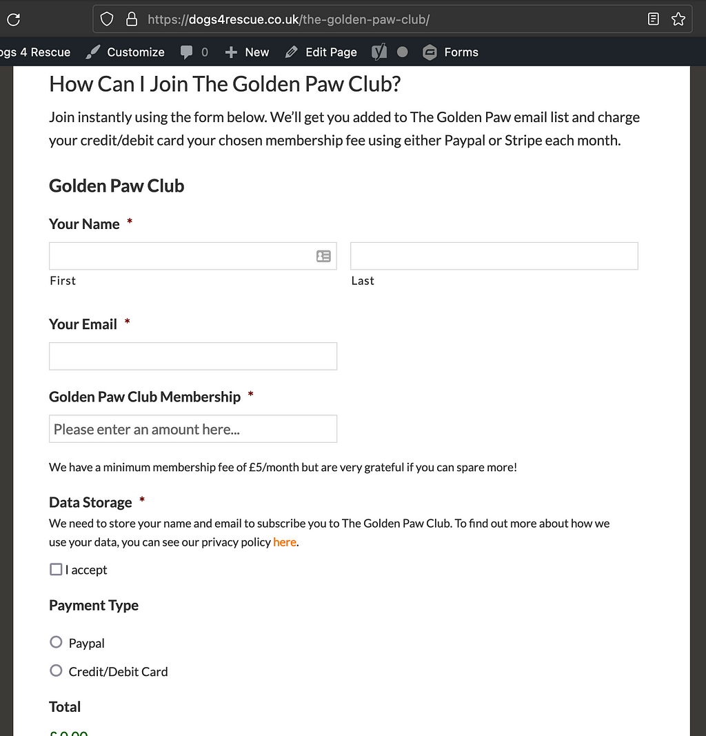 Screenshot of  Golden Paw Club form