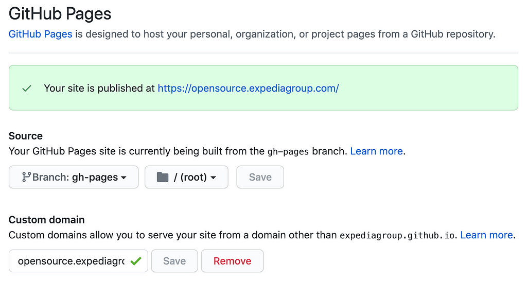 GitHub Pages settings to select which branch, folder and custom domain to use, with green confirmation box that the site is published to https://opensource.expediagroup.com