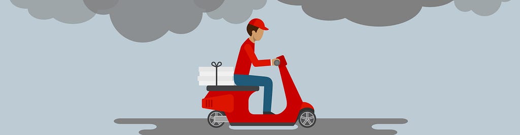 Illustration: Delivery man driving on red scooter on a cloudy day.
