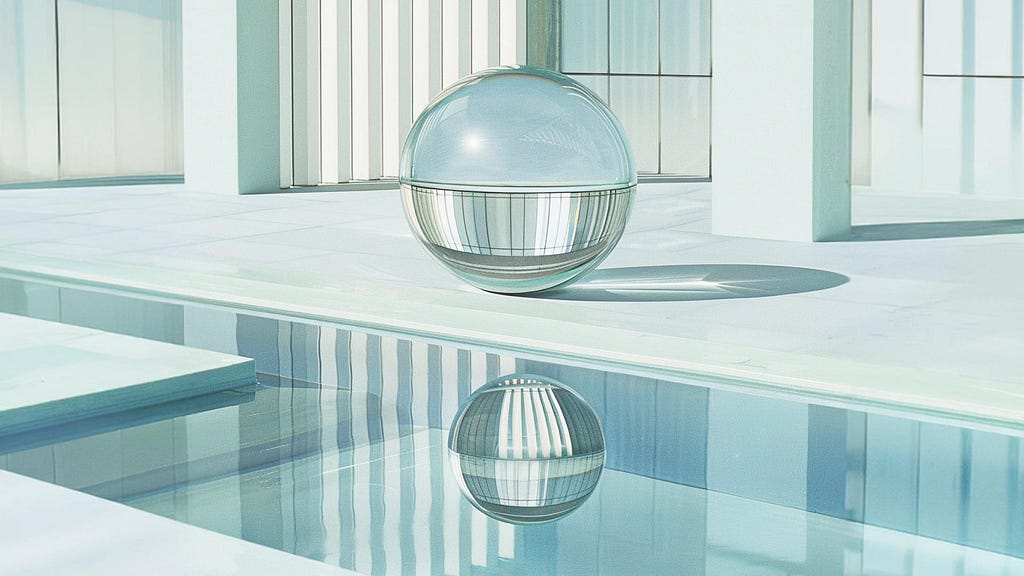 A glass sphere placed next to a swimming pool in a clean architectural environment.