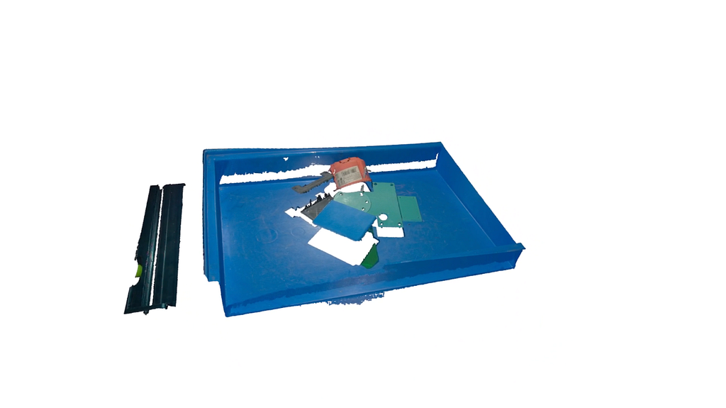 Uncropped 3D point cloud of an industrial bin before applying an Axis-Aligned Bounding Box (AABB) volume filter.