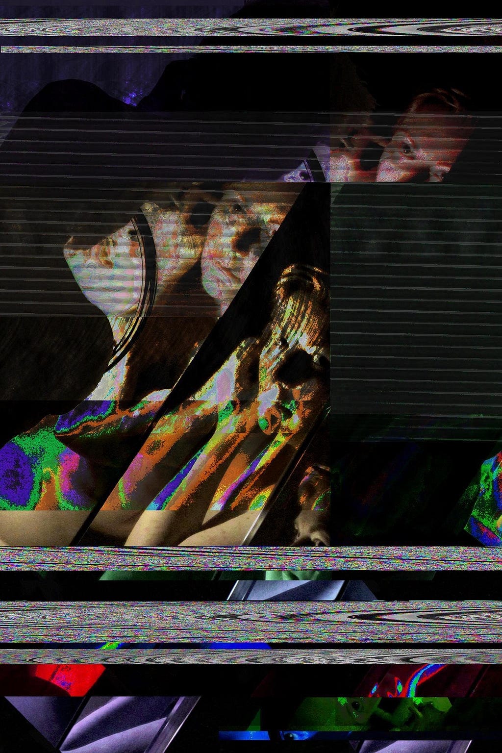 Glitched photograph of white nonbinary person whose head, shoulders and right arm are viewed from multiple perspectives. Rectangular patches are rendered in vivid and distorted colours, covered by horizontal lines, repeated, rotated and displaced. Horizontal bands of multi-coloured noise appear near the bottom and top of the image.