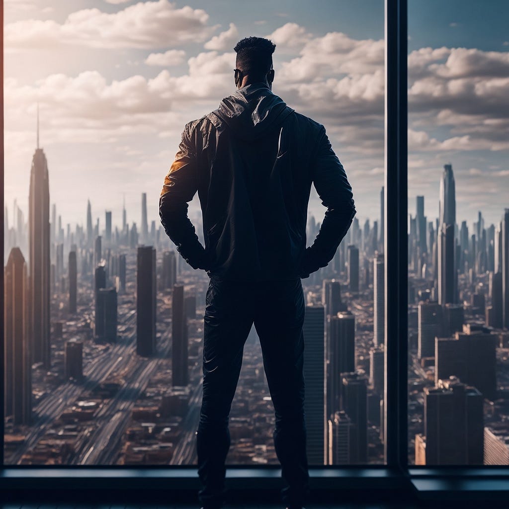 An AI-generated image of a successful man standing near the window overlooking a city’s horizon