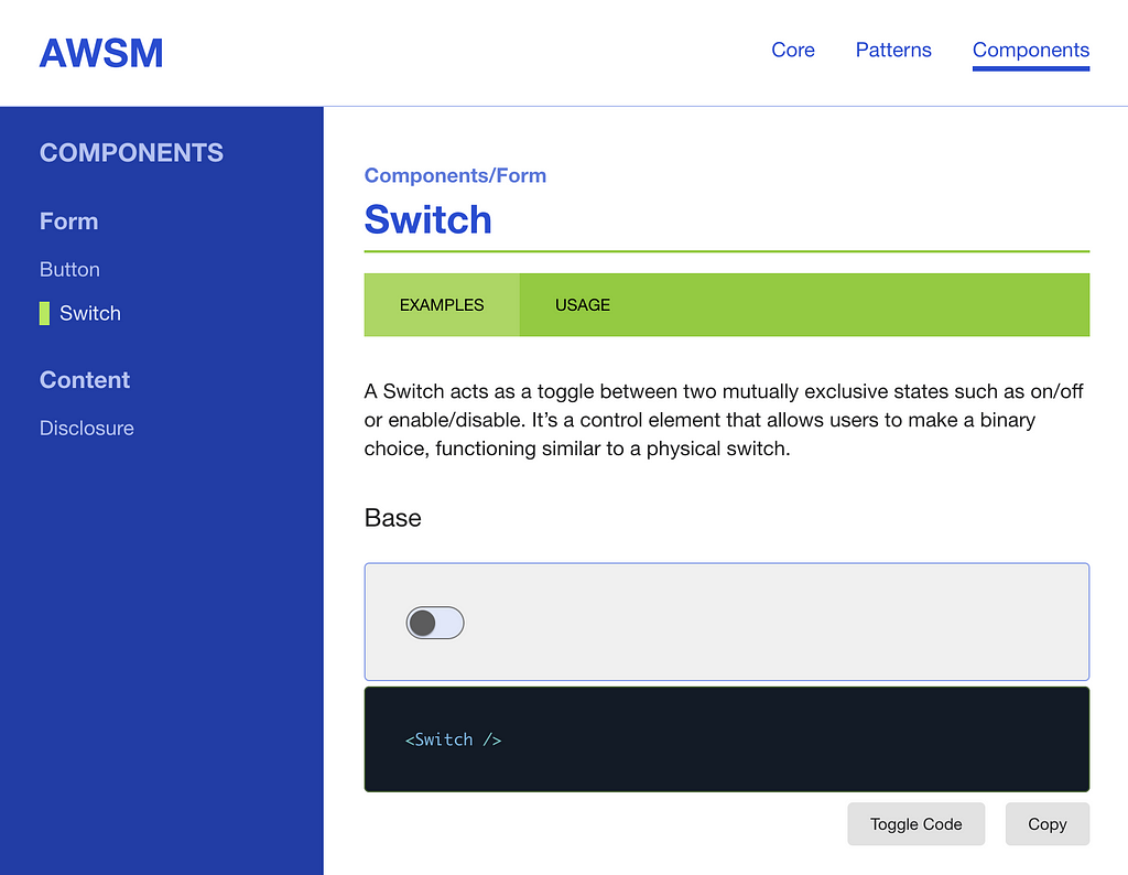 AWSM Docs preview — Switch component page