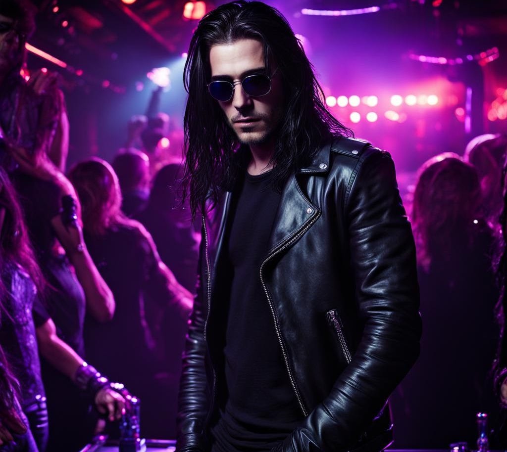 A man with long black hair, wearing a black leather jacket and sunglasses, stands in a crowded nightclub, surrounded by neon lights.