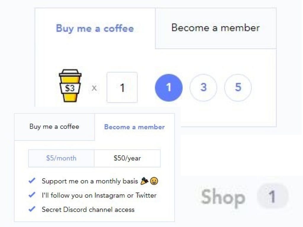 BMC screenshot with Shop, Members, Buy me a coffee, member perks