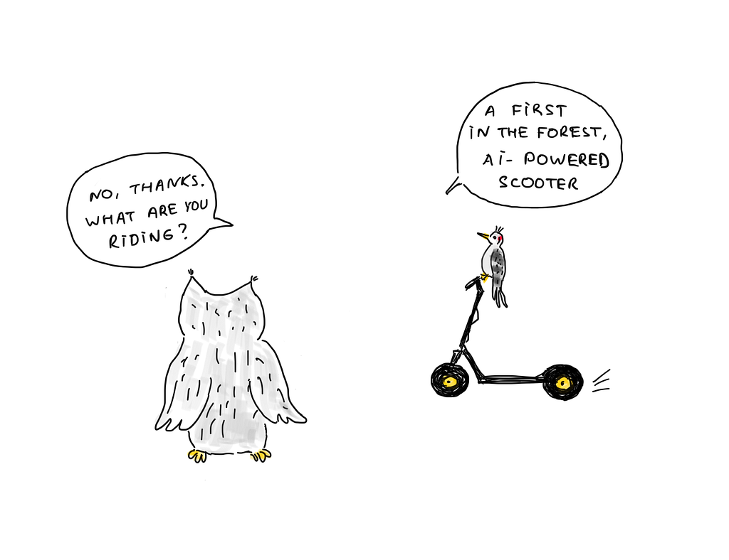 Owl asks Woody what he is riding. Woody answers that this is the first in the forest, AI-powered scooter.