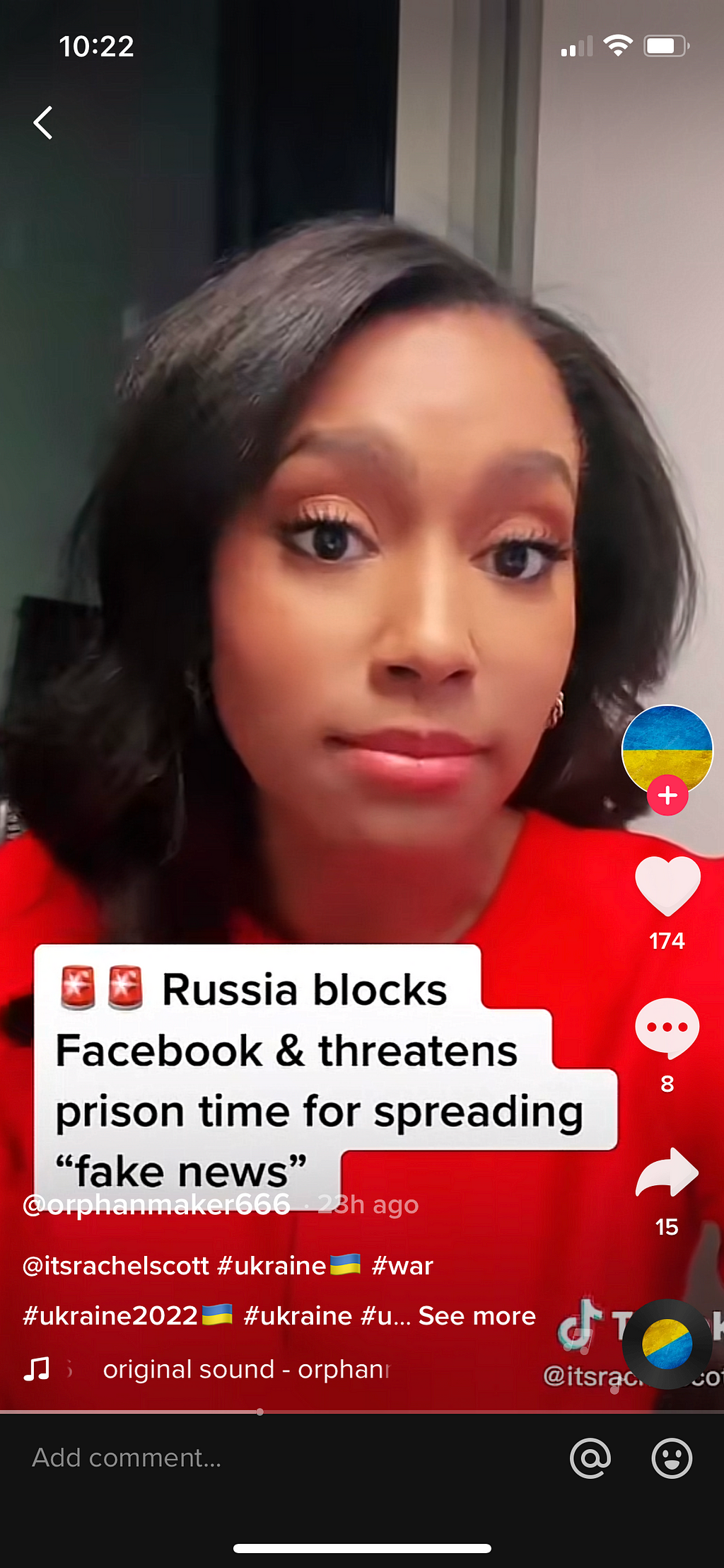 Image of TikTok where the text on top of the video reads that “Russia has blocked Facebook.”
