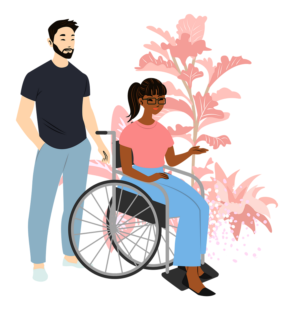 Illustration of a man standing next to a woman in a wheel chair.