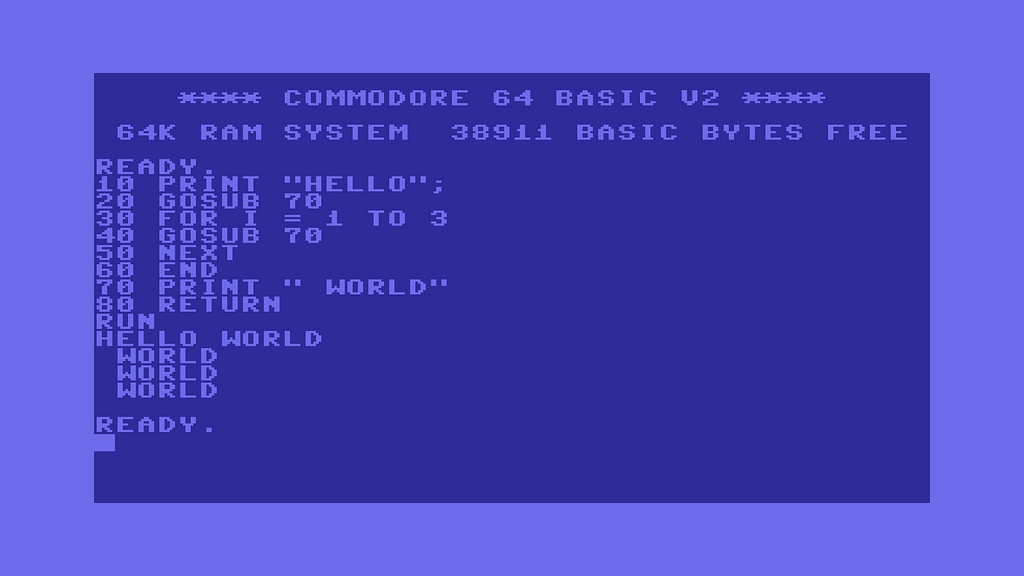 A small BASIC program running on a C64 emulator