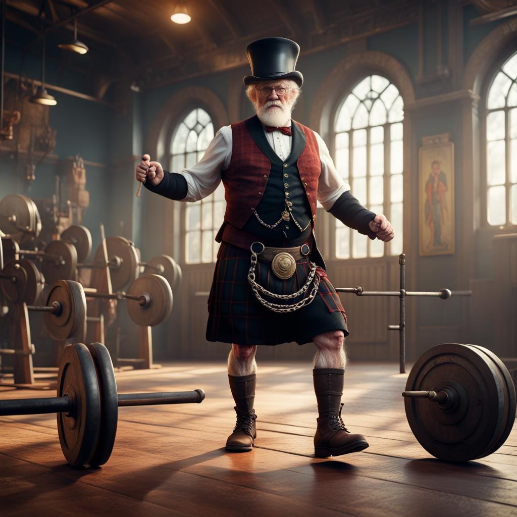 Old man in kilt, top hat, in gym with weights