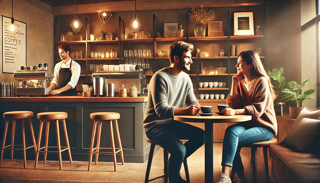 Image of a coffee shop scene: A cozy coffee shop with a couple having a casual conversation, with coffee and tea on the table.