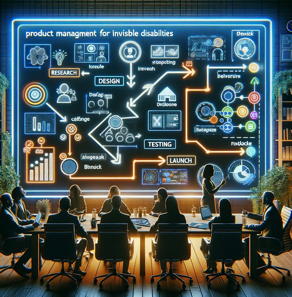 An AI generated image of a group of people sitting around a board room table underneath a large neon style board filled with notes.